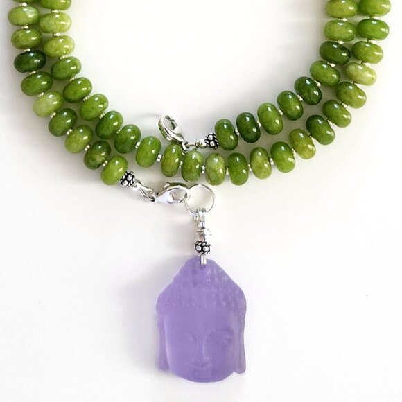 GREEN COLOR JADE NECKLACE W/ PURPLE BUDDHA--20" - Picture 2 of 4